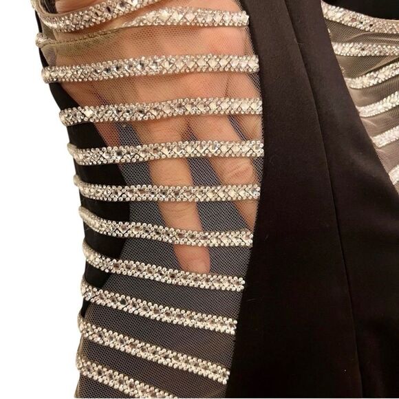 La Femme Sleeveless Mesh Cut Out Crystal Sides Full Length Black Mermaid Dress 8 - Picture 15 of 16